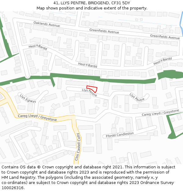 41, LLYS PENTRE, BRIDGEND, CF31 5DY: Location map and indicative extent of plot