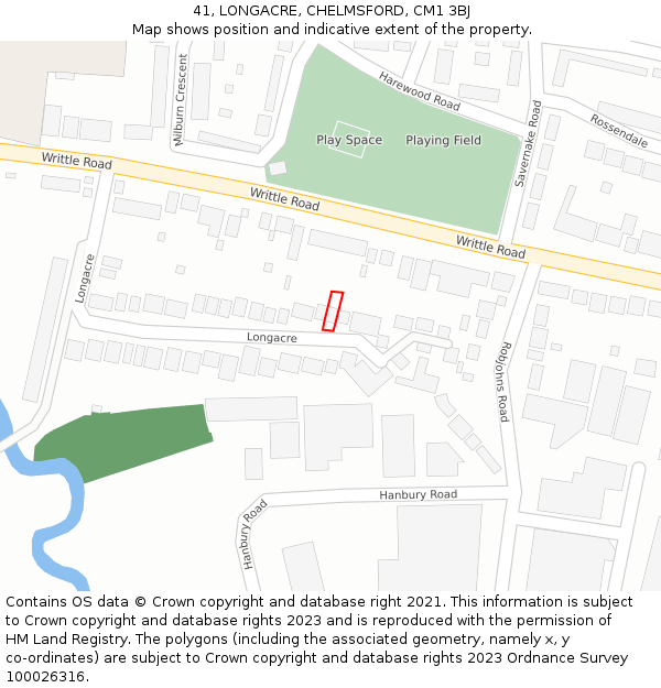 41, LONGACRE, CHELMSFORD, CM1 3BJ: Location map and indicative extent of plot