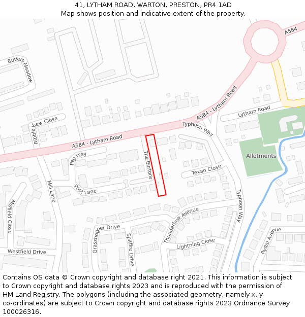41, LYTHAM ROAD, WARTON, PRESTON, PR4 1AD: Location map and indicative extent of plot