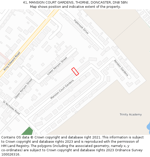 41, MANSION COURT GARDENS, THORNE, DONCASTER, DN8 5BN: Location map and indicative extent of plot