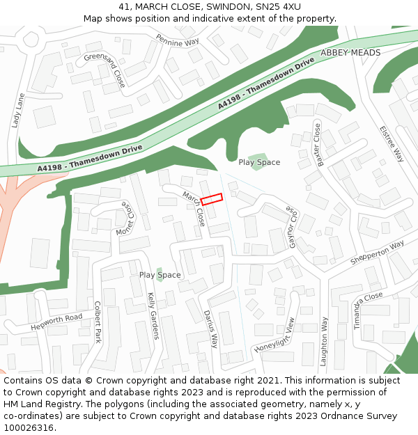 41, MARCH CLOSE, SWINDON, SN25 4XU: Location map and indicative extent of plot