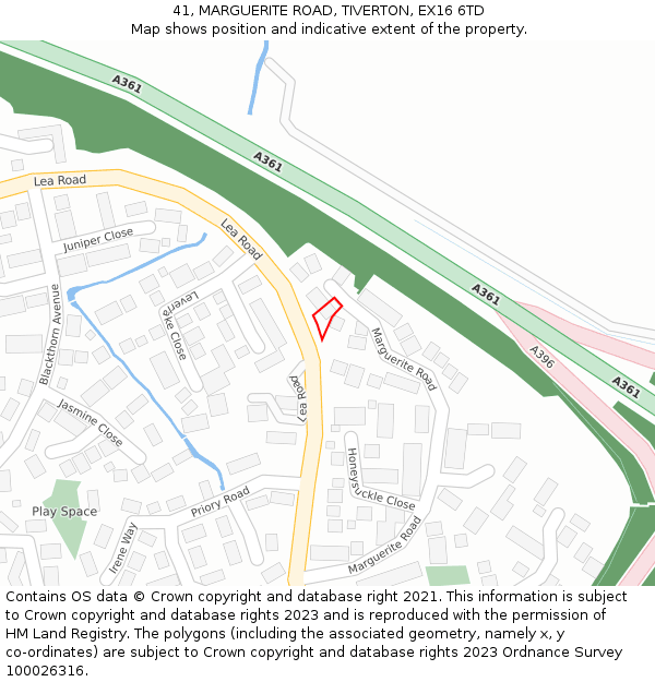 41, MARGUERITE ROAD, TIVERTON, EX16 6TD: Location map and indicative extent of plot