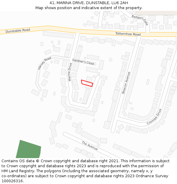 41, MARINA DRIVE, DUNSTABLE, LU6 2AH: Location map and indicative extent of plot