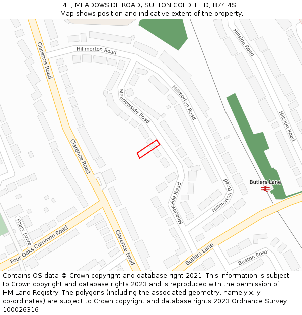 41, MEADOWSIDE ROAD, SUTTON COLDFIELD, B74 4SL: Location map and indicative extent of plot