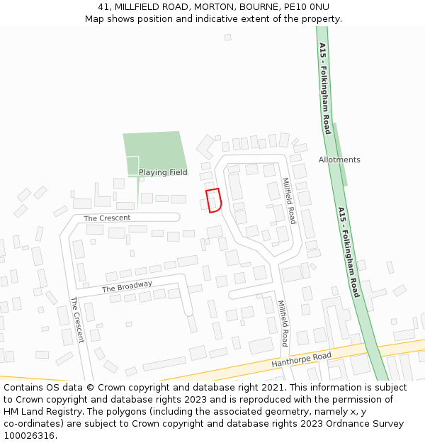 41, MILLFIELD ROAD, MORTON, BOURNE, PE10 0NU: Location map and indicative extent of plot