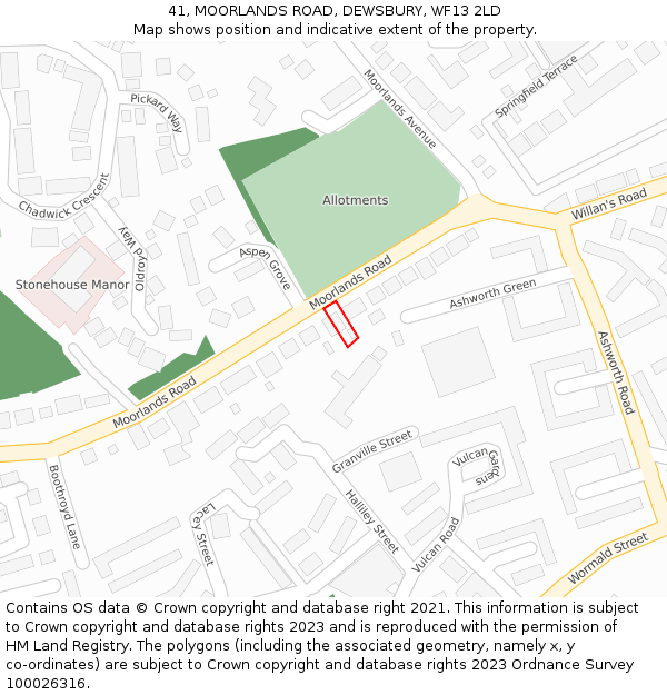41, MOORLANDS ROAD, DEWSBURY, WF13 2LD: Location map and indicative extent of plot