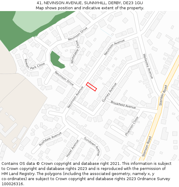 41, NEVINSON AVENUE, SUNNYHILL, DERBY, DE23 1GU: Location map and indicative extent of plot