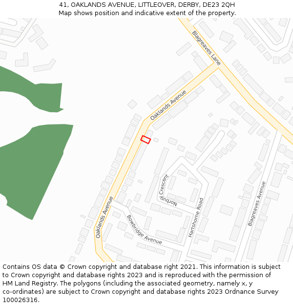 41, OAKLANDS AVENUE, LITTLEOVER, DERBY, DE23 2QH: Location map and indicative extent of plot