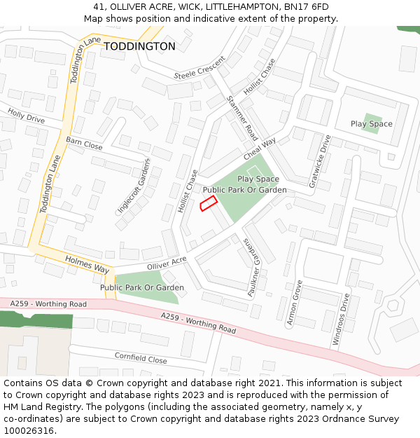 41, OLLIVER ACRE, WICK, LITTLEHAMPTON, BN17 6FD: Location map and indicative extent of plot
