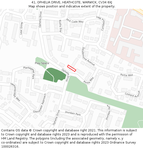 41, OPHELIA DRIVE, HEATHCOTE, WARWICK, CV34 6XJ: Location map and indicative extent of plot