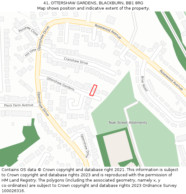 41, OTTERSHAW GARDENS, BLACKBURN, BB1 8RG: Location map and indicative extent of plot