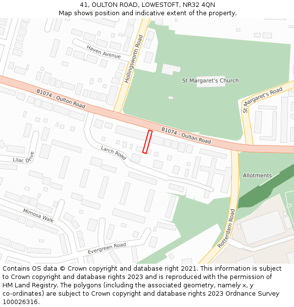 41, OULTON ROAD, LOWESTOFT, NR32 4QN: Location map and indicative extent of plot