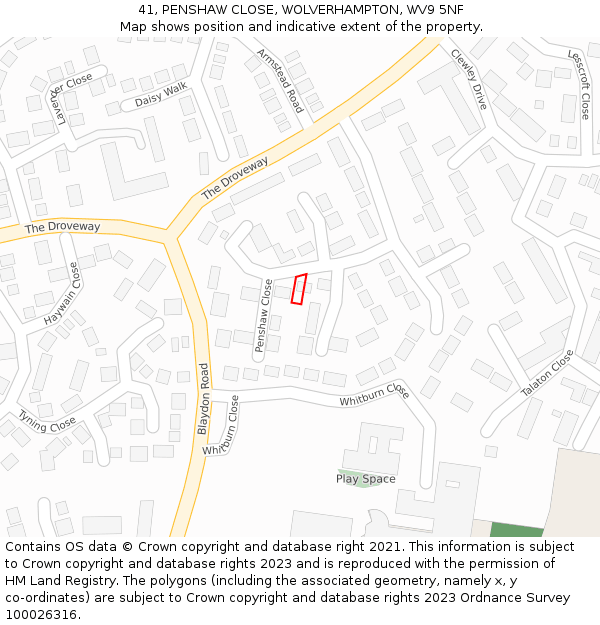 41, PENSHAW CLOSE, WOLVERHAMPTON, WV9 5NF: Location map and indicative extent of plot