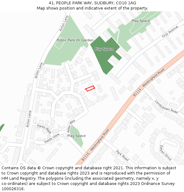 41, PEOPLE PARK WAY, SUDBURY, CO10 1AG: Location map and indicative extent of plot