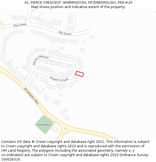 41, PIERCE CRESCENT, WARMINGTON, PETERBOROUGH, PE8 6UG: Location map and indicative extent of plot