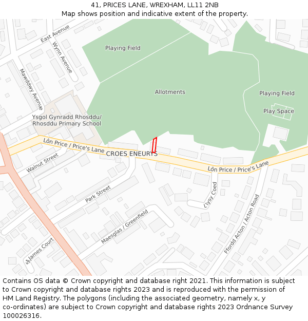 41, PRICES LANE, WREXHAM, LL11 2NB: Location map and indicative extent of plot