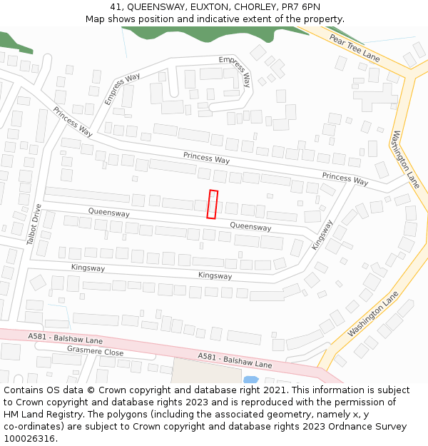 41, QUEENSWAY, EUXTON, CHORLEY, PR7 6PN: Location map and indicative extent of plot