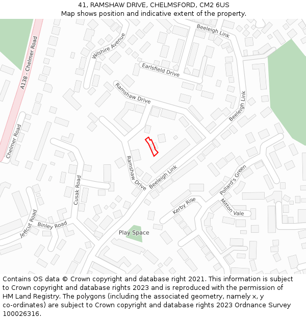 41, RAMSHAW DRIVE, CHELMSFORD, CM2 6US: Location map and indicative extent of plot