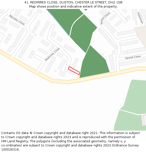 41, REDMIRES CLOSE, OUSTON, CHESTER LE STREET, DH2 1SB: Location map and indicative extent of plot