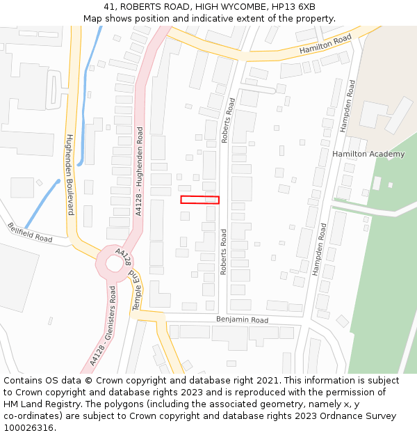 41, ROBERTS ROAD, HIGH WYCOMBE, HP13 6XB: Location map and indicative extent of plot
