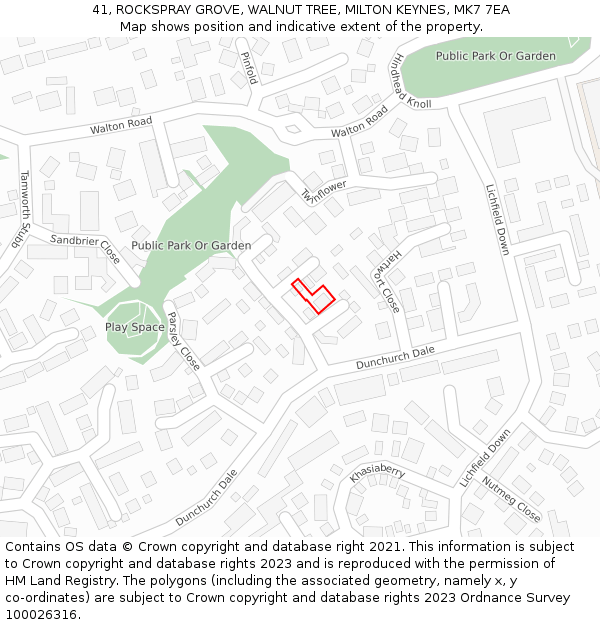 41, ROCKSPRAY GROVE, WALNUT TREE, MILTON KEYNES, MK7 7EA: Location map and indicative extent of plot