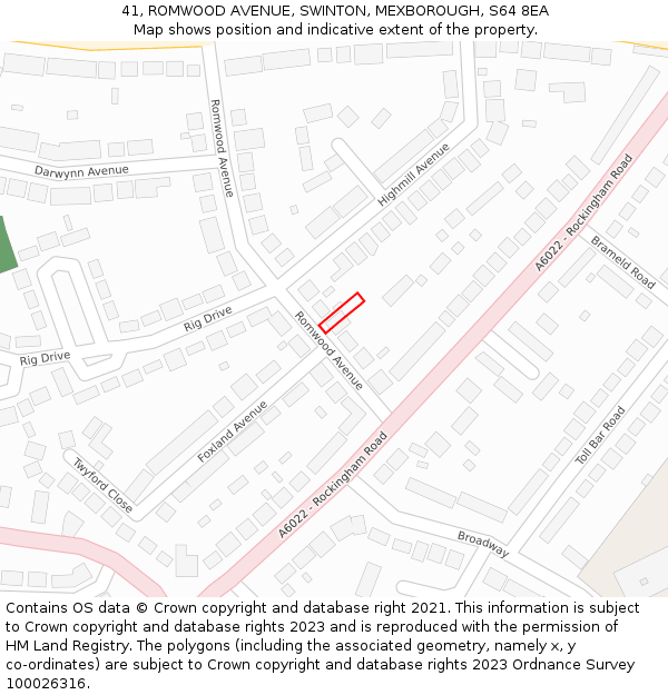 41, ROMWOOD AVENUE, SWINTON, MEXBOROUGH, S64 8EA: Location map and indicative extent of plot