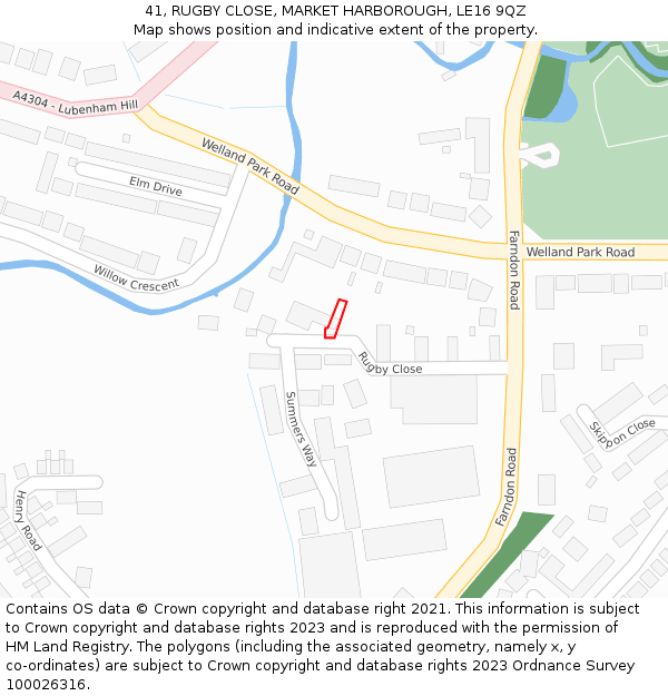 41, RUGBY CLOSE, MARKET HARBOROUGH, LE16 9QZ: Location map and indicative extent of plot