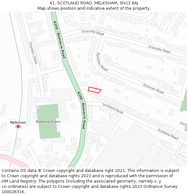 41, SCOTLAND ROAD, MELKSHAM, SN12 8AJ: Location map and indicative extent of plot