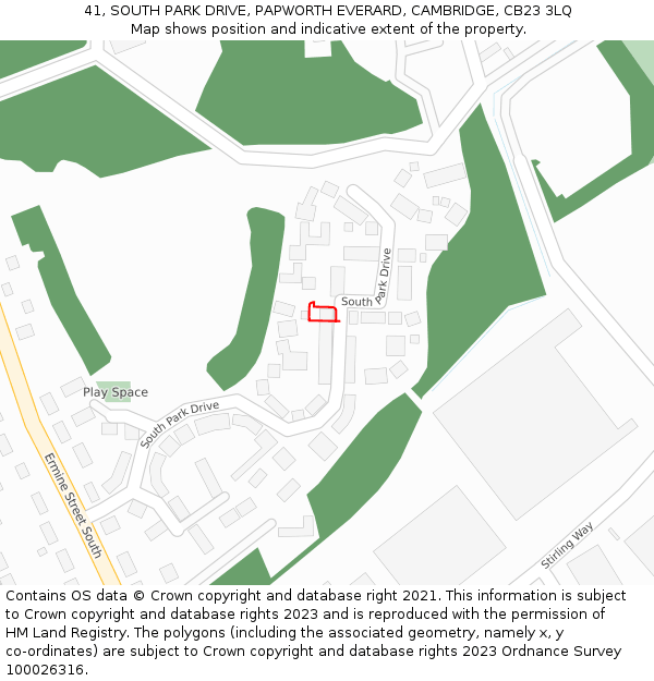 41, SOUTH PARK DRIVE, PAPWORTH EVERARD, CAMBRIDGE, CB23 3LQ: Location map and indicative extent of plot