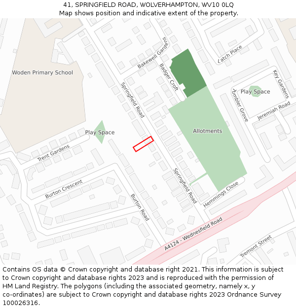 41, SPRINGFIELD ROAD, WOLVERHAMPTON, WV10 0LQ: Location map and indicative extent of plot