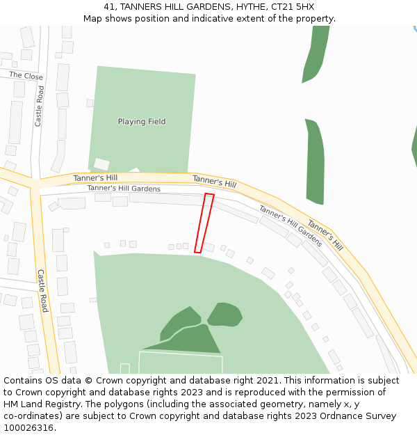 41, TANNERS HILL GARDENS, HYTHE, CT21 5HX: Location map and indicative extent of plot