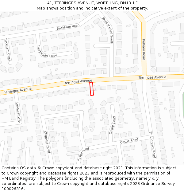 41, TERRINGES AVENUE, WORTHING, BN13 1JF: Location map and indicative extent of plot