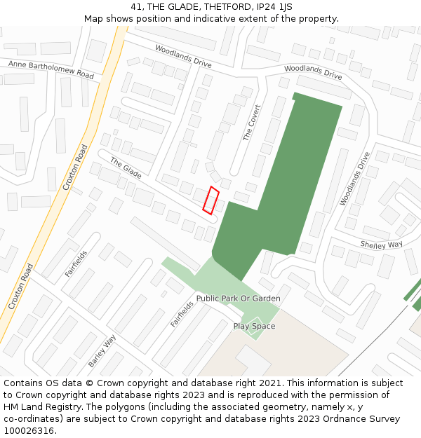 41, THE GLADE, THETFORD, IP24 1JS: Location map and indicative extent of plot