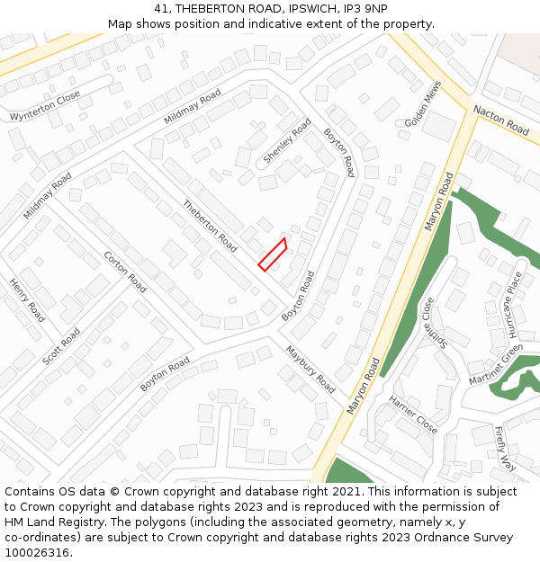 41, THEBERTON ROAD, IPSWICH, IP3 9NP: Location map and indicative extent of plot