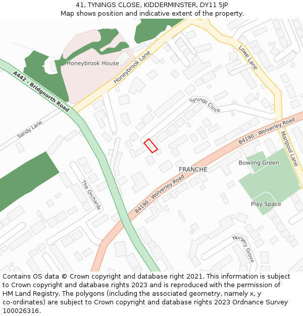 41, TYNINGS CLOSE, KIDDERMINSTER, DY11 5JP: Location map and indicative extent of plot