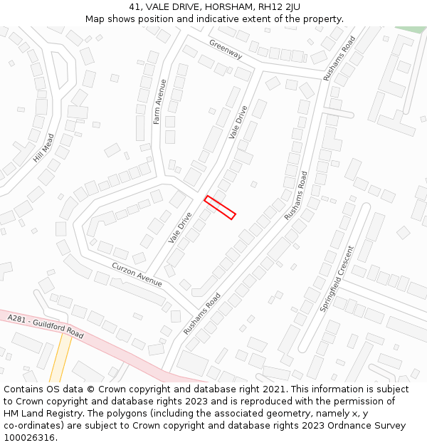 41, VALE DRIVE, HORSHAM, RH12 2JU: Location map and indicative extent of plot