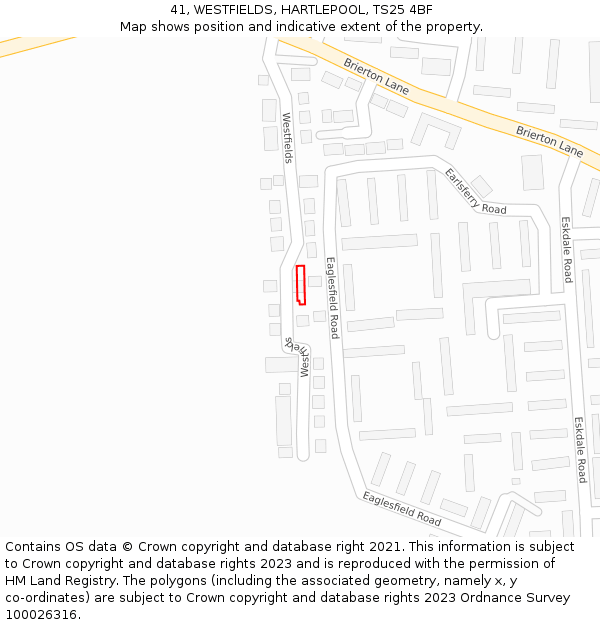 41, WESTFIELDS, HARTLEPOOL, TS25 4BF: Location map and indicative extent of plot
