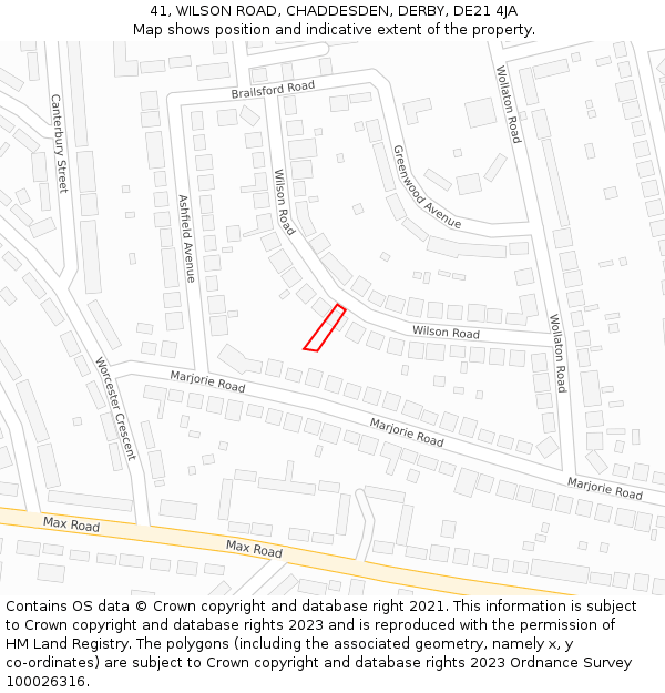 41, WILSON ROAD, CHADDESDEN, DERBY, DE21 4JA: Location map and indicative extent of plot