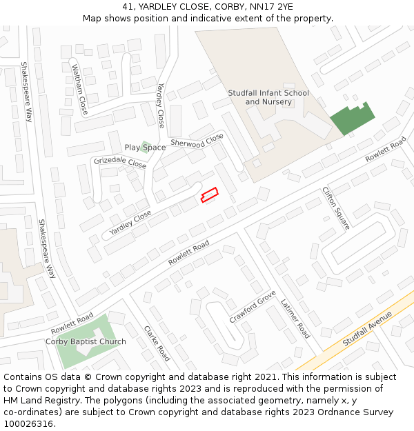 41, YARDLEY CLOSE, CORBY, NN17 2YE: Location map and indicative extent of plot