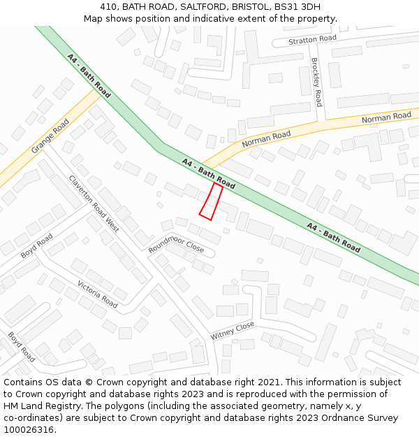 410, BATH ROAD, SALTFORD, BRISTOL, BS31 3DH: Location map and indicative extent of plot