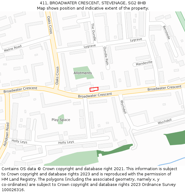 411, BROADWATER CRESCENT, STEVENAGE, SG2 8HB: Location map and indicative extent of plot