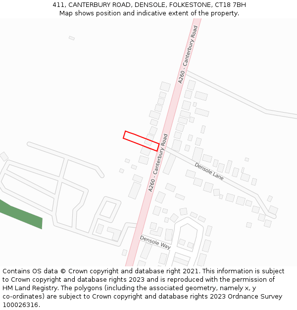 411, CANTERBURY ROAD, DENSOLE, FOLKESTONE, CT18 7BH: Location map and indicative extent of plot