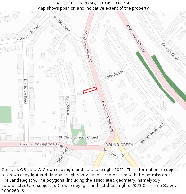 411, HITCHIN ROAD, LUTON, LU2 7SP: Location map and indicative extent of plot