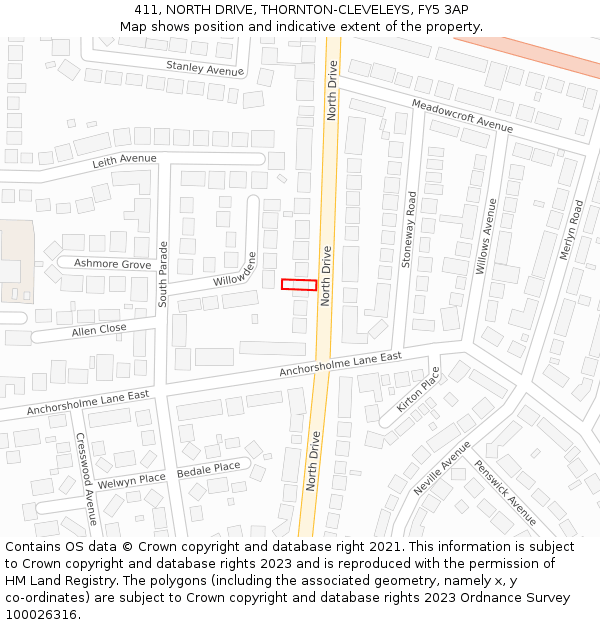 411, NORTH DRIVE, THORNTON-CLEVELEYS, FY5 3AP: Location map and indicative extent of plot