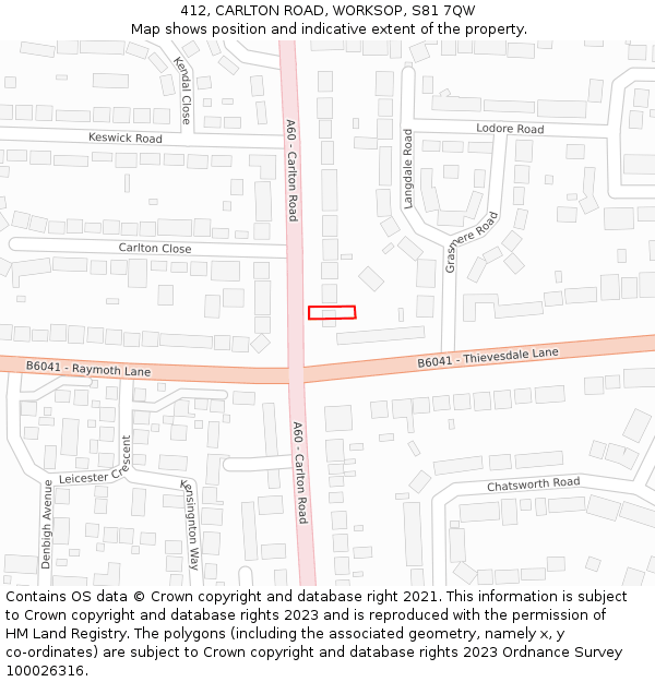 412, CARLTON ROAD, WORKSOP, S81 7QW: Location map and indicative extent of plot