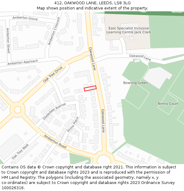 412, OAKWOOD LANE, LEEDS, LS8 3LG: Location map and indicative extent of plot