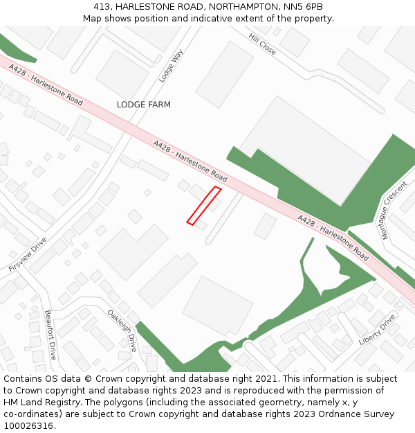 413, HARLESTONE ROAD, NORTHAMPTON, NN5 6PB: Location map and indicative extent of plot