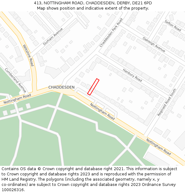 413, NOTTINGHAM ROAD, CHADDESDEN, DERBY, DE21 6PD: Location map and indicative extent of plot