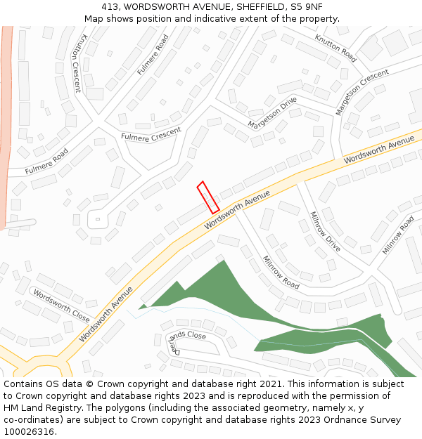 413, WORDSWORTH AVENUE, SHEFFIELD, S5 9NF: Location map and indicative extent of plot