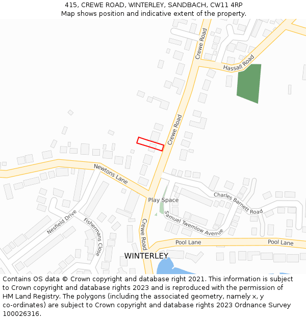 415, CREWE ROAD, WINTERLEY, SANDBACH, CW11 4RP: Location map and indicative extent of plot